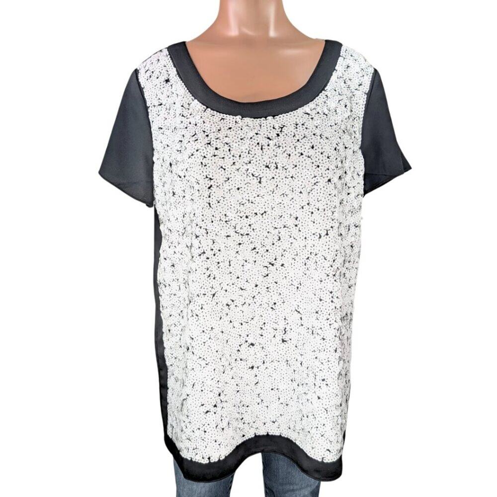 Ann Taylor Med NWT Black Chiffon White Sequin Short Sleeve Dressy Blouse